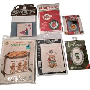 Christmas Cross Stitch Kits Lot of 6 Mixed Projects Ornaments Card Display Stand